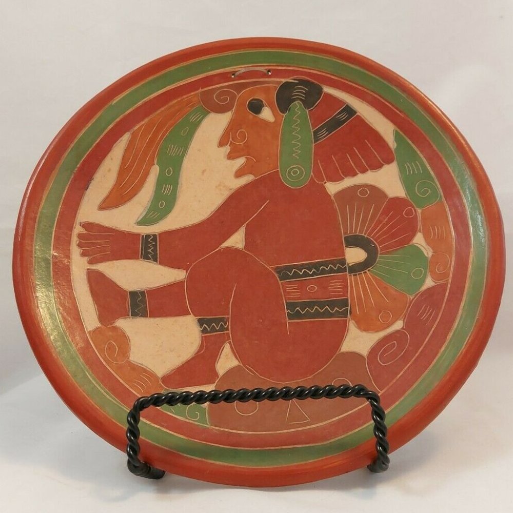 Vintage Mayan Pottery Plate Hand Painted Priest Terracota 8"